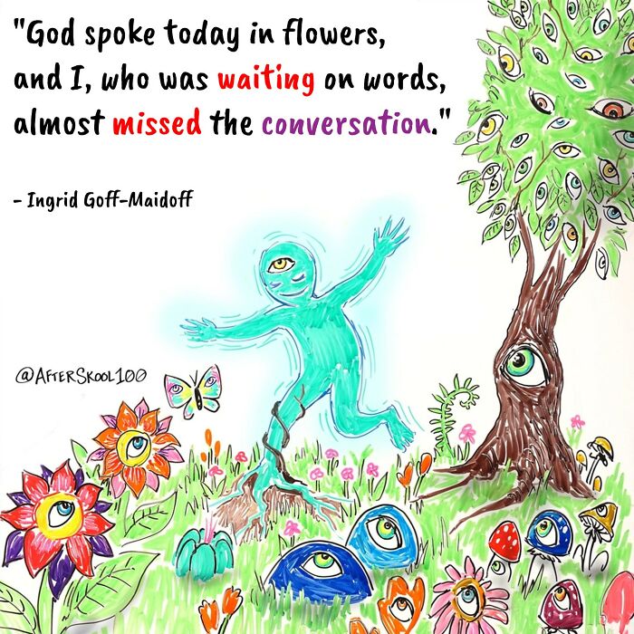 Illustration exploring philosophy and spirituality with colorful eyes on flowers, tree, and a figure symbolizing self-discovery.