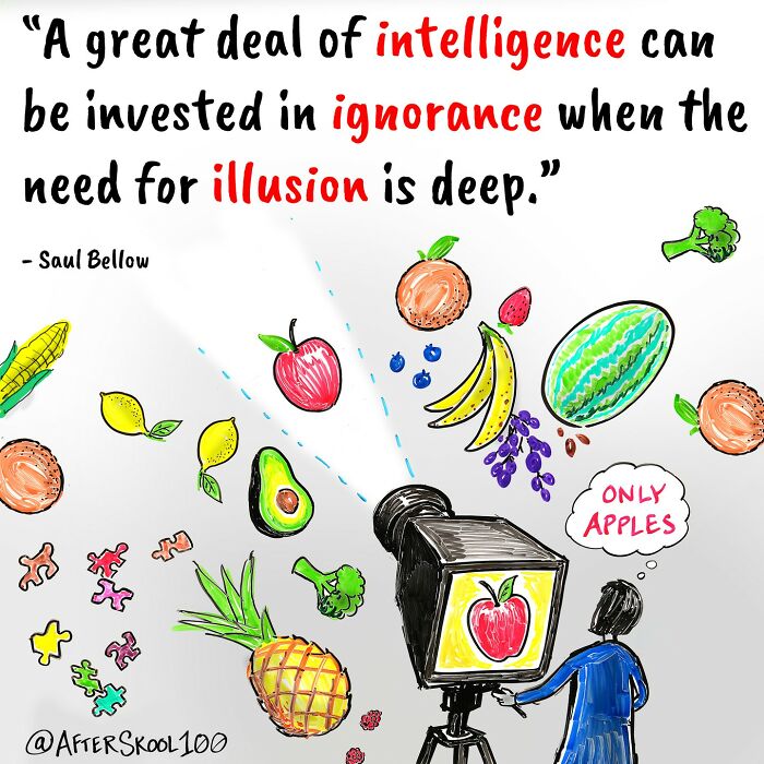 Illustration exploring philosophy and self-discovery with colorful fruits and a quote about intelligence, ignorance, and illusion.