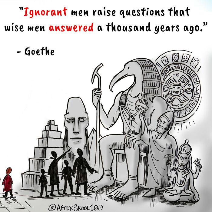 Illustration exploring philosophy and spirituality featuring ancient symbols and wise figures in a self-discovery themed artwork.