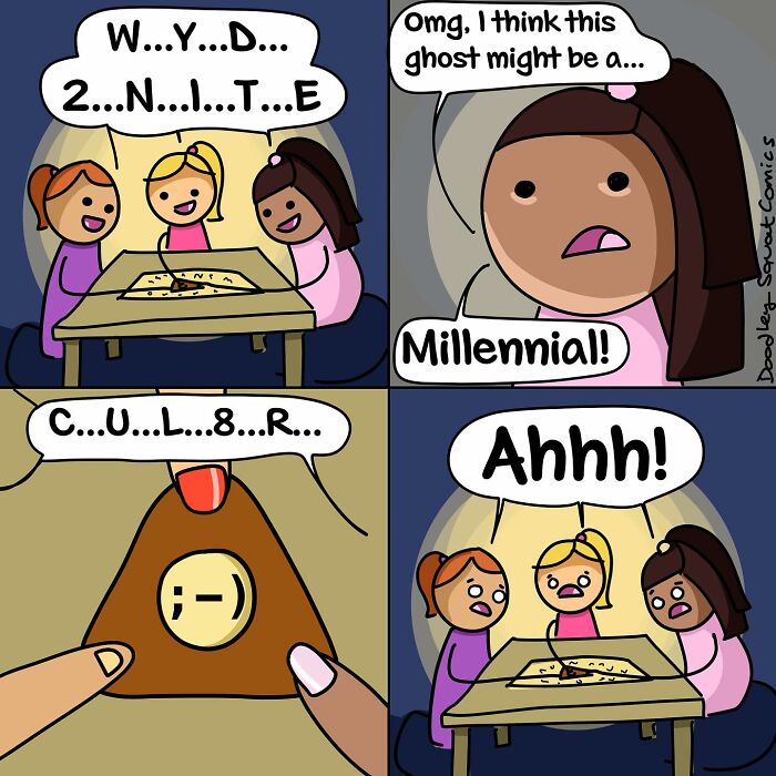 Cartoon by Australian mom showing kids using a Ouija board with witty and relatable comic moments about regular life.