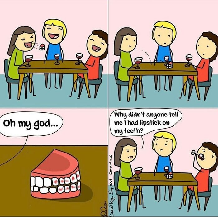 Comic by Australian mom showing friends at a table laughing, then realizing lipstick is on teeth in a relatable life moment.