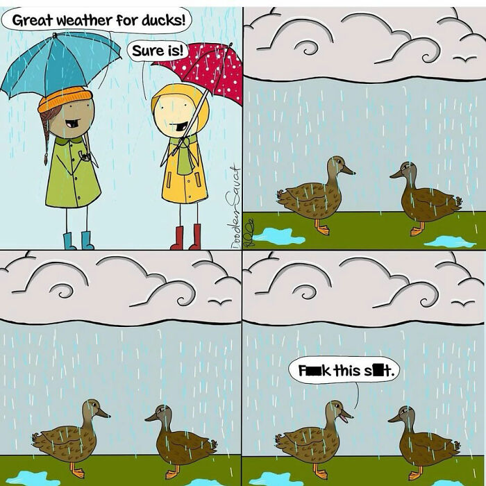 Comic by Australian mom showing two people and ducks in the rain with witty and relatable humor about regular life.