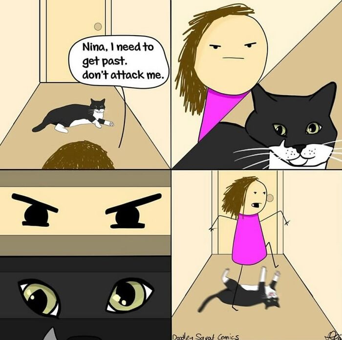 Comic by Australian mom showing a woman dealing with her cat in a witty and relatable regular life moment.