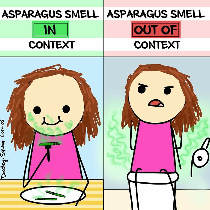 Comic by Australian mom showing funny moments about asparagus smell in regular life situations.