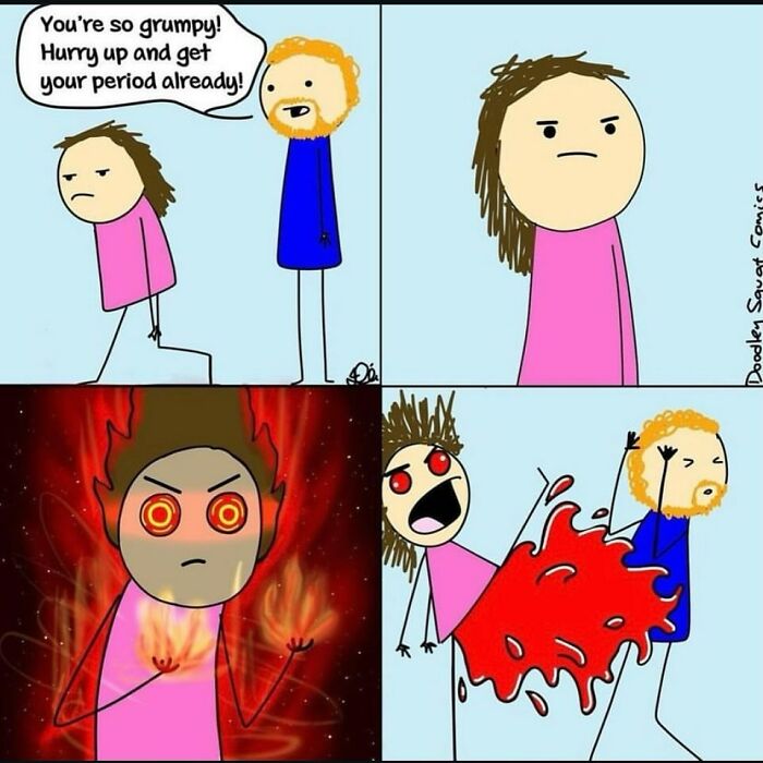 Comic panels illustrating a relatable moment about mood swings and periods, from an Australian mom's witty comics.