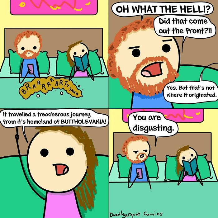 Witty and relatable comic by Australian mom showing humorous conversation about a loud noise in bed.