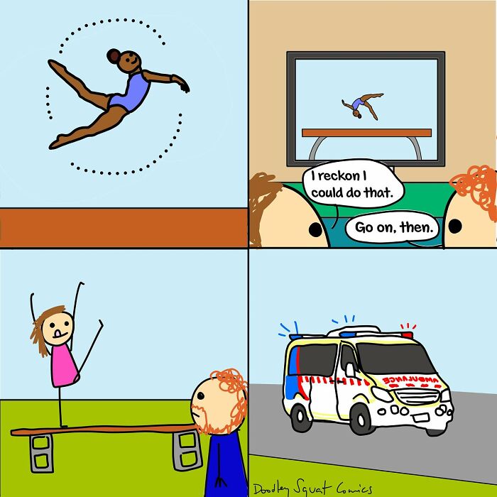Cartoon by Australian mom showing a humorous relatable comic about everyday life and gymnastics attempts.