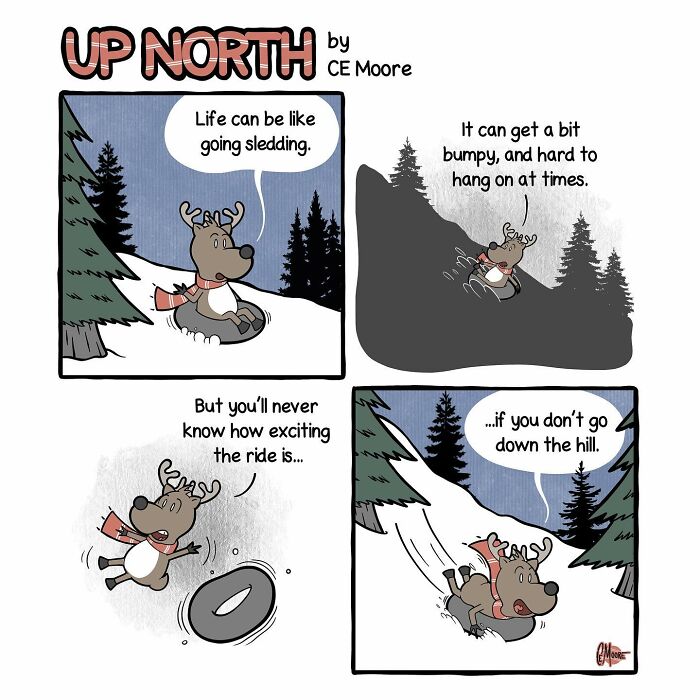 Up North Comics cartoon with a moose sledding down a hill, illustrating cold climate life struggles and adventures.