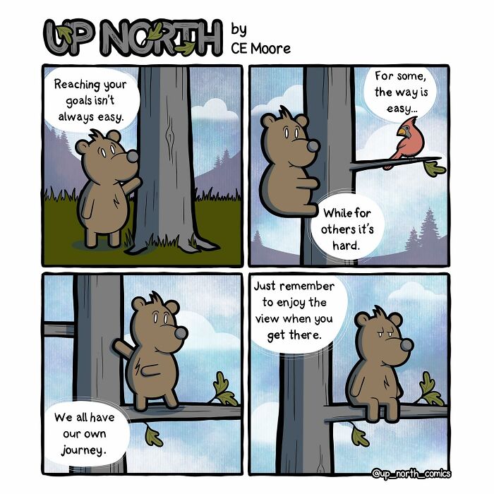 Up North Comics cartoon featuring a bear and bird discussing life’s journey and struggles in cold climates.