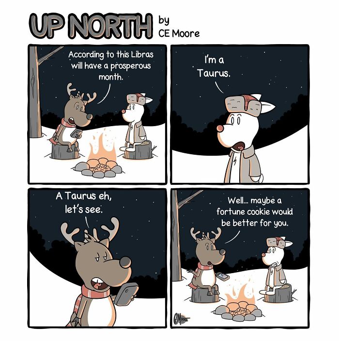 Comic strip of two animals by a campfire in cold climate, highlighting everyday struggles in Up North comics style.