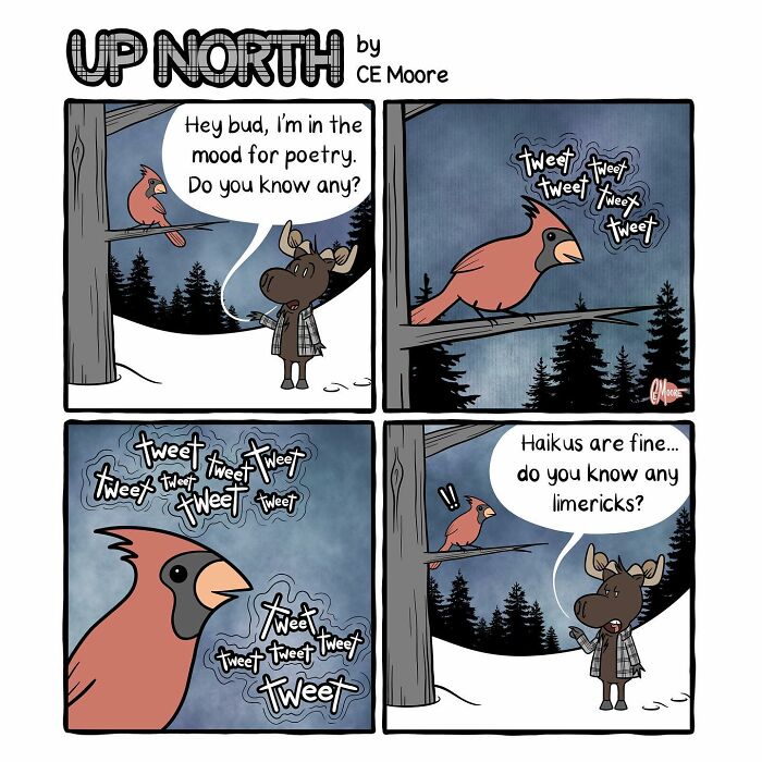Up North Comics cartoon with a moose and cardinal bird humorously discussing poetry in a cold climate setting.