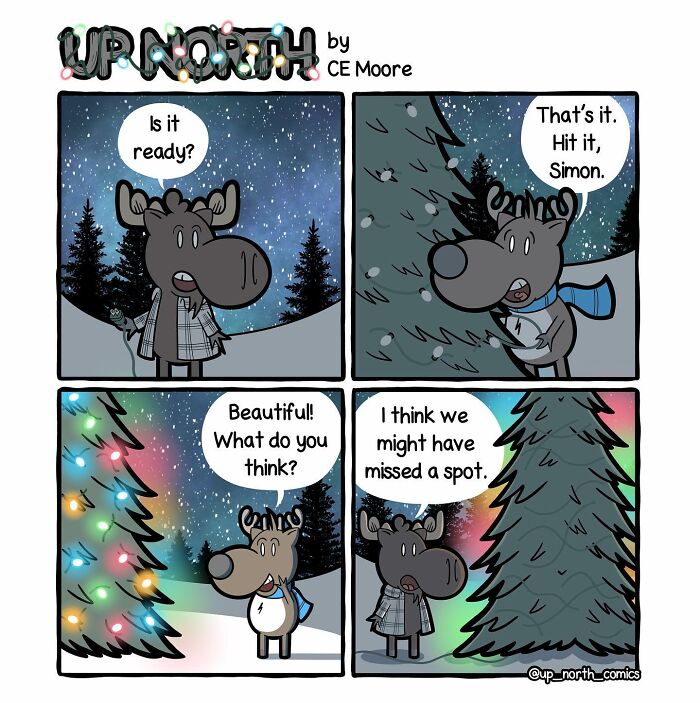 Up North Comics cartoon featuring moose decorating a Christmas tree, capturing everyday struggles of cold climate life.