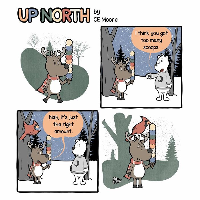 Up North Comics cartoon showing a moose holding a tall ice cream cone, highlighting cold climate life struggles.