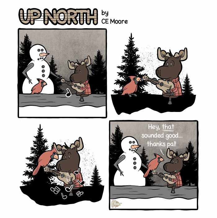 Cartoon moose, cardinal, and snowman in Up North comics depicting everyday struggles of cold climate life.
