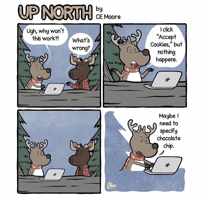 Two cartoon moose in an Up North Comics strip discussing cold climate life struggles with a laptop and cookies.