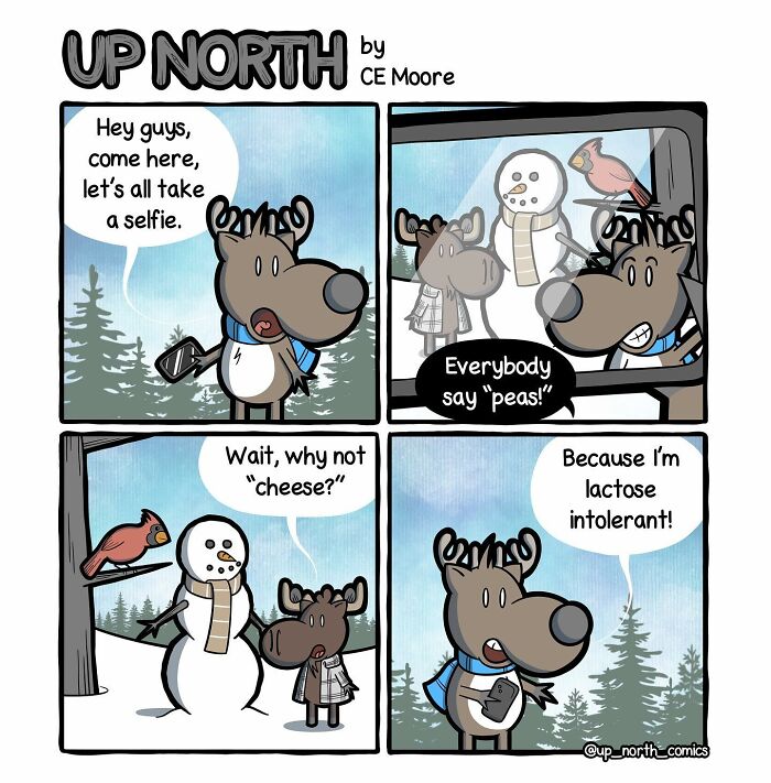 Up North Comics featuring a moose and snowman humorously capturing everyday struggles of cold climate life.