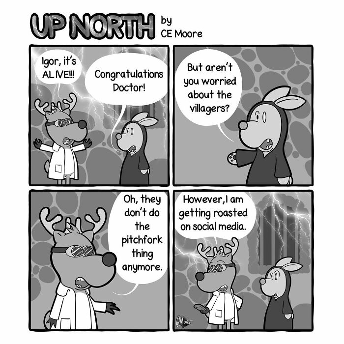 Comic strip from Up North showing a cold climate life joke about a reindeer doctor and social media roasting.
