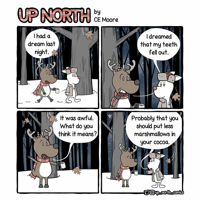 Up North Comics cartoon with two animals discussing a dream, highlighting everyday struggles of cold climate life.