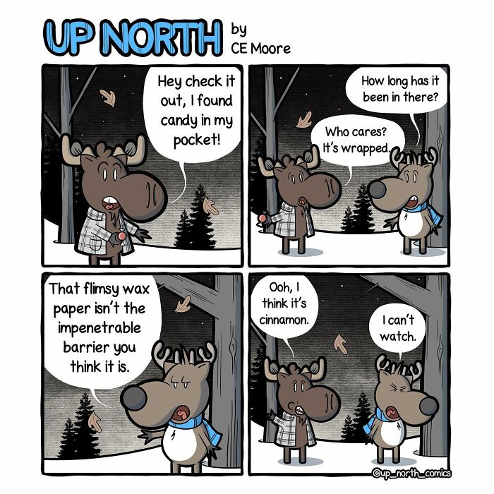 Up North Comics cartoon featuring moose discussing found candy and cold climate life challenges at night.