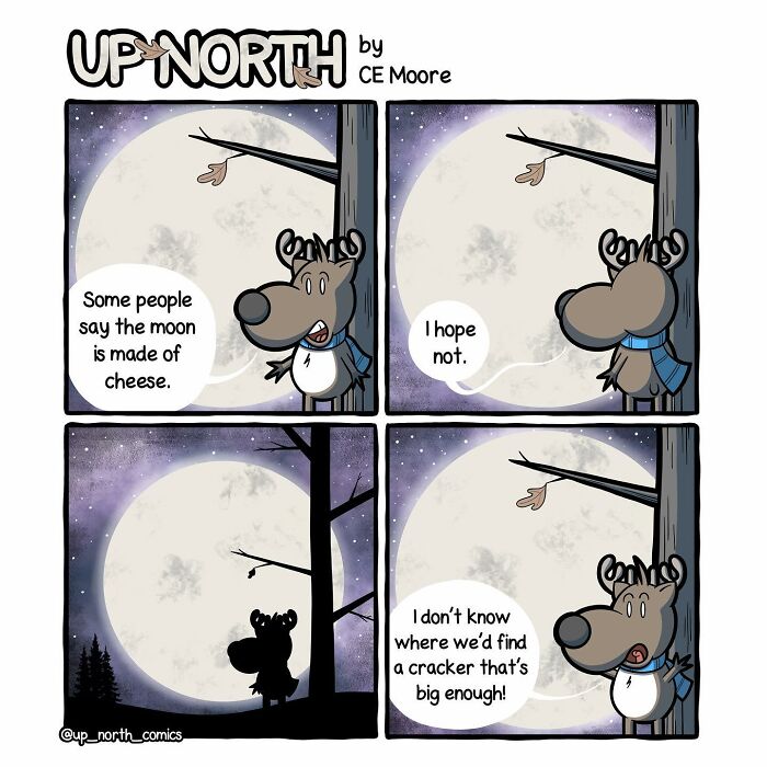 Up North Comics cartoon featuring a moose humorously discussing the moon in a cold climate nighttime setting.