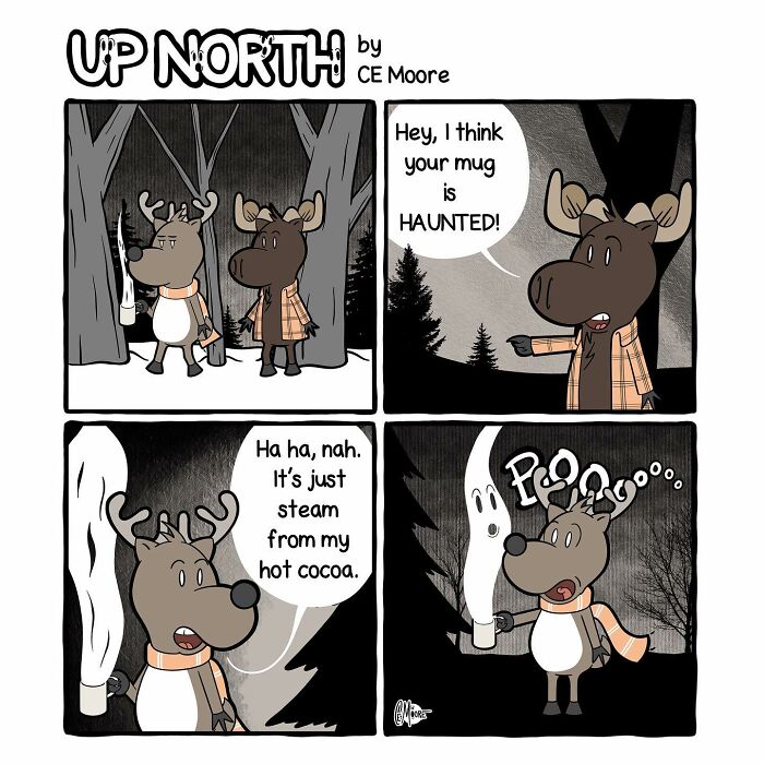 Comic strip from Up North Comics showing moose characters discussing haunted mug steam in a cold climate setting at night.