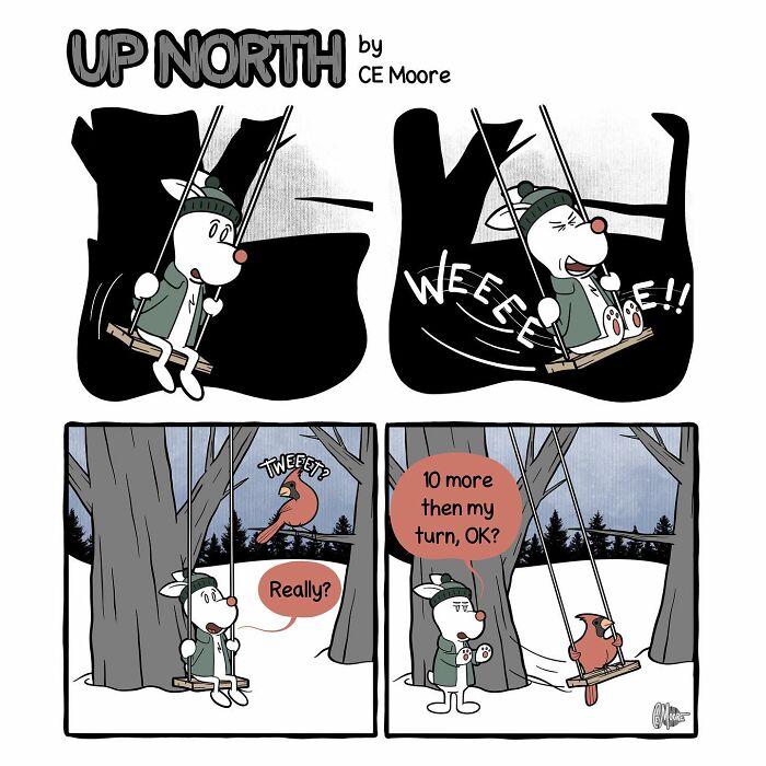Comic panels from Up North depicting a character on a swing and interactions highlighting cold climate life struggles.