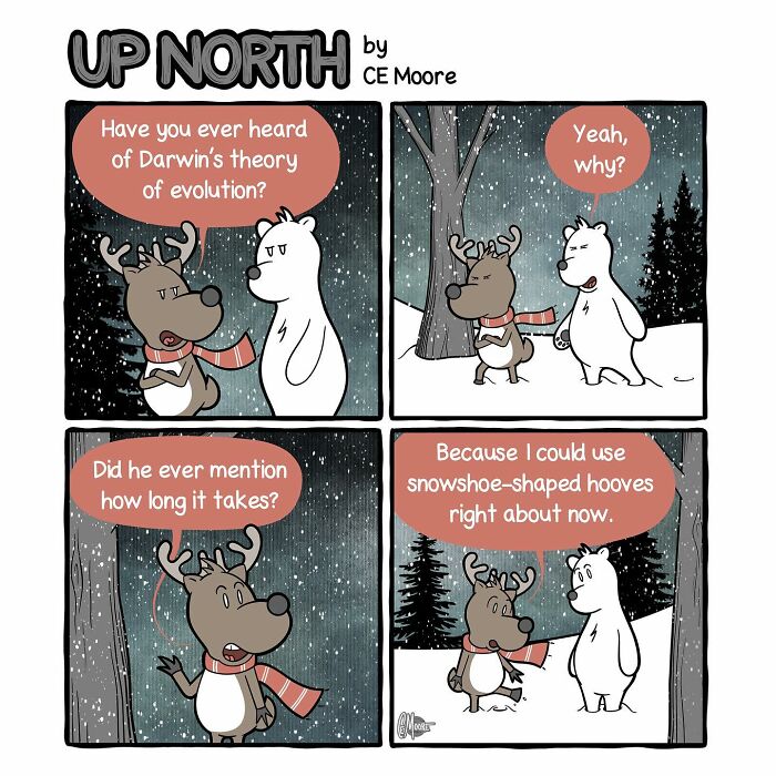 Up North comic featuring a reindeer and polar bear discussing cold climate life and snowshoe struggles at night.