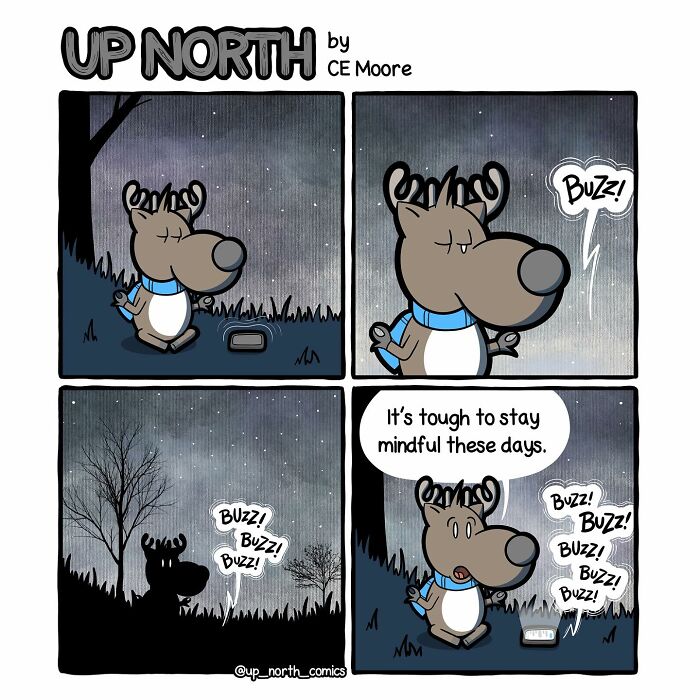 Up North Comics character struggling to stay mindful as buzzing insects disrupt calm in cold climate life comic panel.