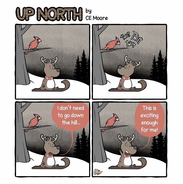 Up North comic strip showing a reindeer avoiding sledding down a hill, capturing cold climate life struggles.