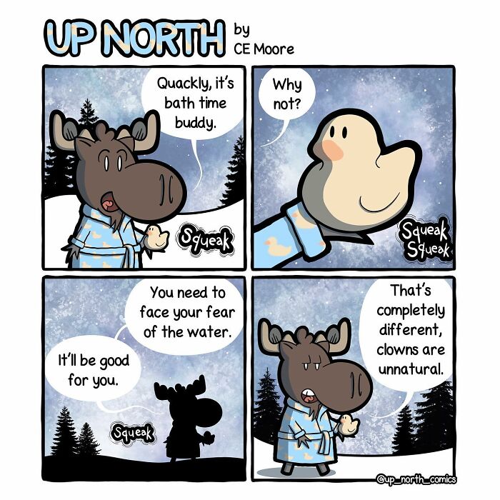 Comic strip from Up North Comics showing a moose and a duck discussing fear of water in a cold climate setting.