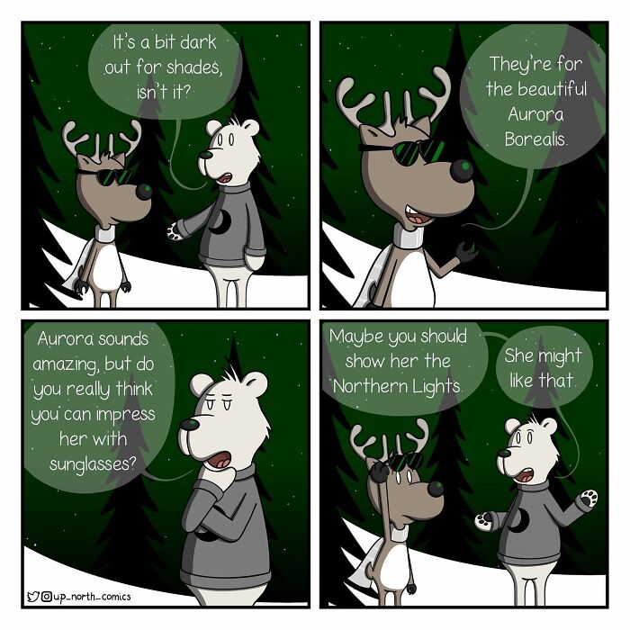 Cartoon of cold climate life struggles showing a deer and polar bear discussing sunglasses under Northern Lights.
