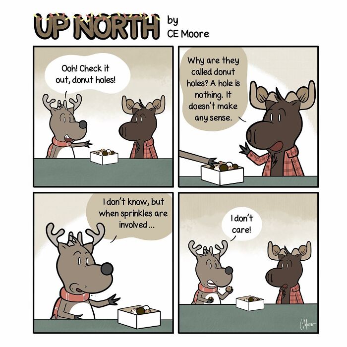 Comic from Up North Comics showing two moose discussing the meaning of donut holes and sprinkles in cold climate life.