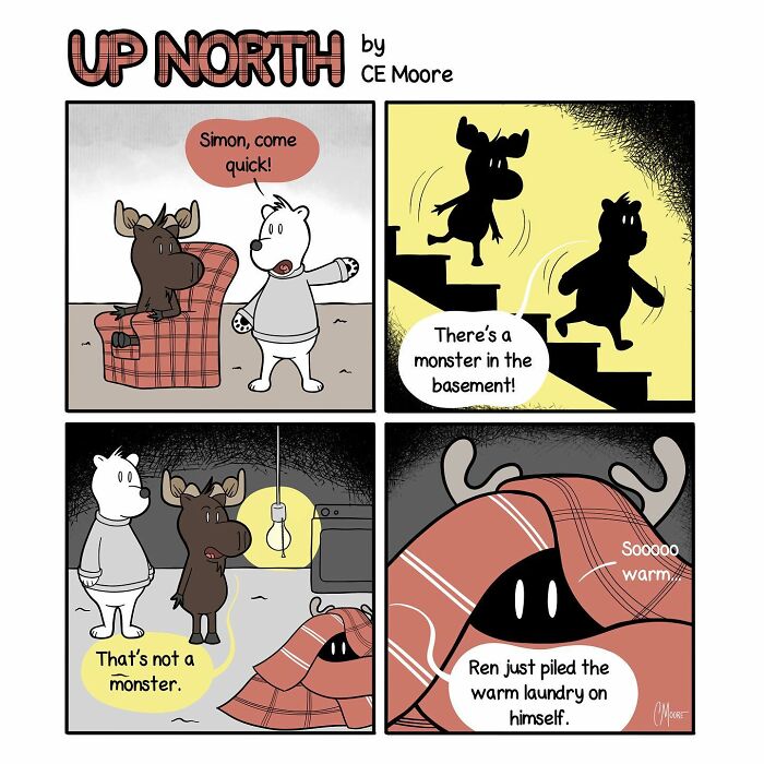 Comic panels from Up North Comics showing characters reacting to a "monster" made of warm laundry in cold climate life.