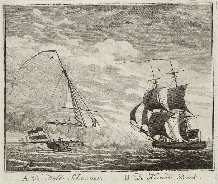 Engraving of two historic sailing ships clashing, depicting bizarre historical events at sea with detailed rigging and dramatic clouds.