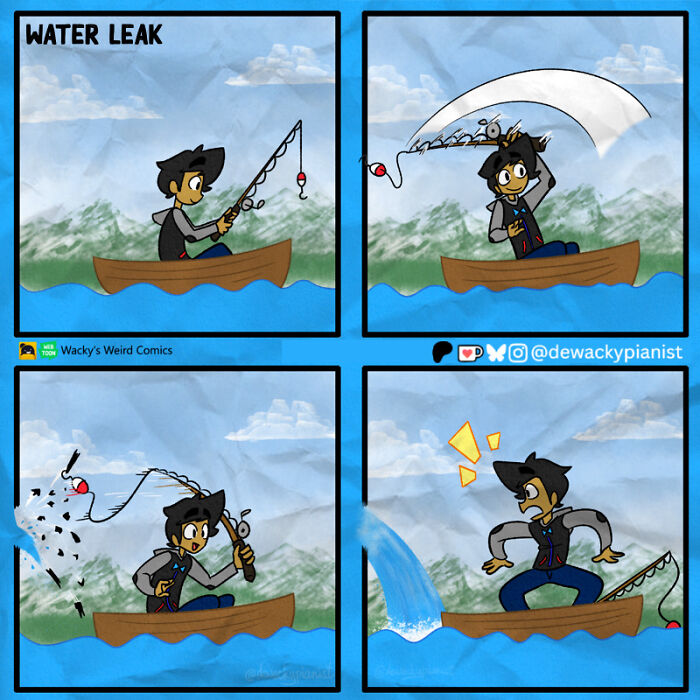 Comic strip showing chaotic and hilarious fishing mishap with water leak in a boat by this comic artist.