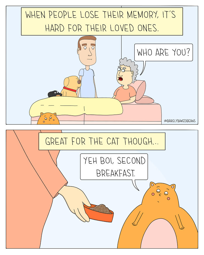 Heartwarming and hilarious comics by Daniel Matheson showing memory loss and a cat enjoying second breakfast.