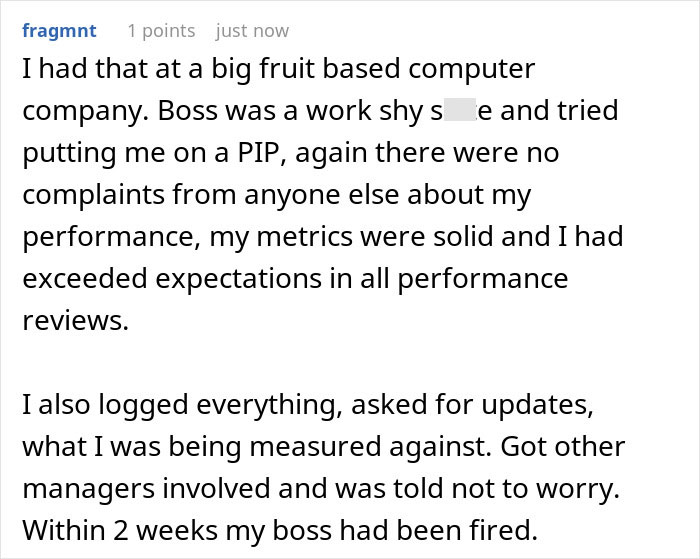 Screenshot of a Reddit comment describing an employee facing baseless claims from a manager trying to terminate them. Screenshot of a Reddit comment describing an employee facing baseless claims from a manager trying to terminate them.