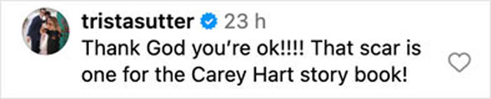 Comment from Pink's husband about his post surgery scar following bike accident, expressing relief and humor.