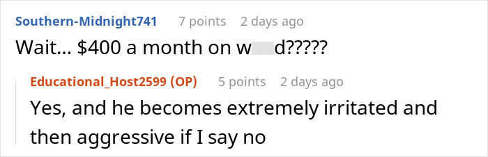 Online conversation showing frustration over a jobless partner’s spending habits and resulting toxic home environment. Online conversation showing frustration over a jobless partner’s spending habits and resulting toxic home environment.