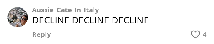 Social media comment from Aussie_Cate_In_Italy expressing strong refusal amid internet debates on paying for hen parties. Social media comment from Aussie_Cate_In_Italy expressing strong refusal amid internet debates on paying for hen parties.