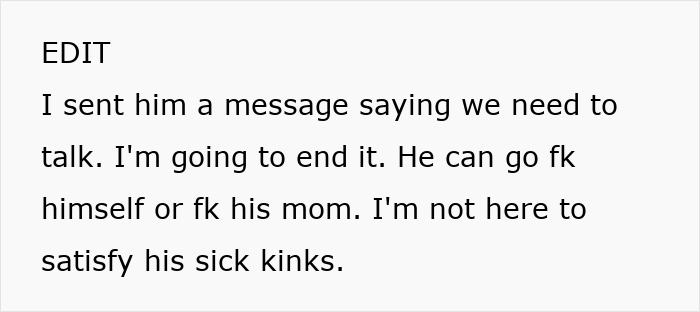 Text post stating a woman refuses to satisfy fiancé’s mom fantasy and ends relationship over used wedding dress. Text post stating a woman refuses to satisfy fiancé’s mom fantasy and ends relationship over used wedding dress.