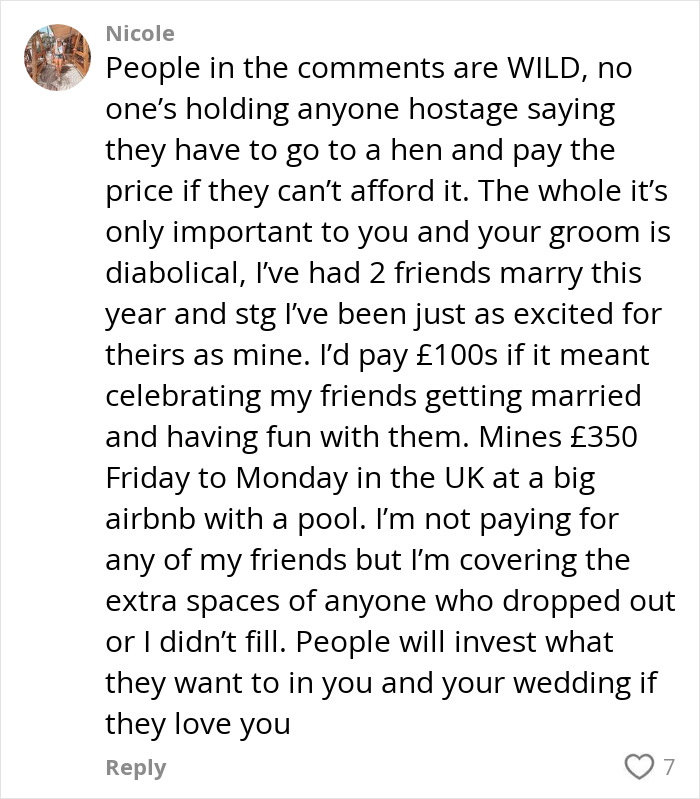 ALT text: Social media comment discussing the debate on paying for hen parties and the fairness of costs involved. ALT text: Social media comment discussing the debate on paying for hen parties and the fairness of costs involved.