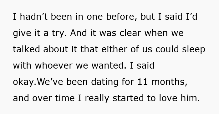 Text excerpt describing a hypocrite guy in an open relationship who sleeps around but reacts negatively when his girlfriend has a one-night stand. Text excerpt describing a hypocrite guy in an open relationship who sleeps around but reacts negatively when his girlfriend has a one-night stand.