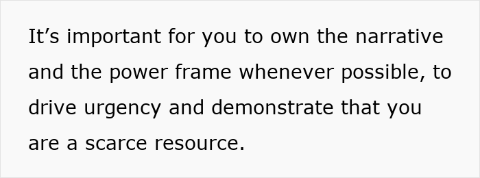 Text emphasizing owning the narrative and power frame to drive urgency and demonstrate scarce resource in career coaching.