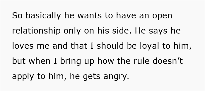 Text describing a hypocrite guy in an open relationship who sleeps around but gets upset when his girlfriend has a one-night stand. Text describing a hypocrite guy in an open relationship who sleeps around but gets upset when his girlfriend has a one-night stand.