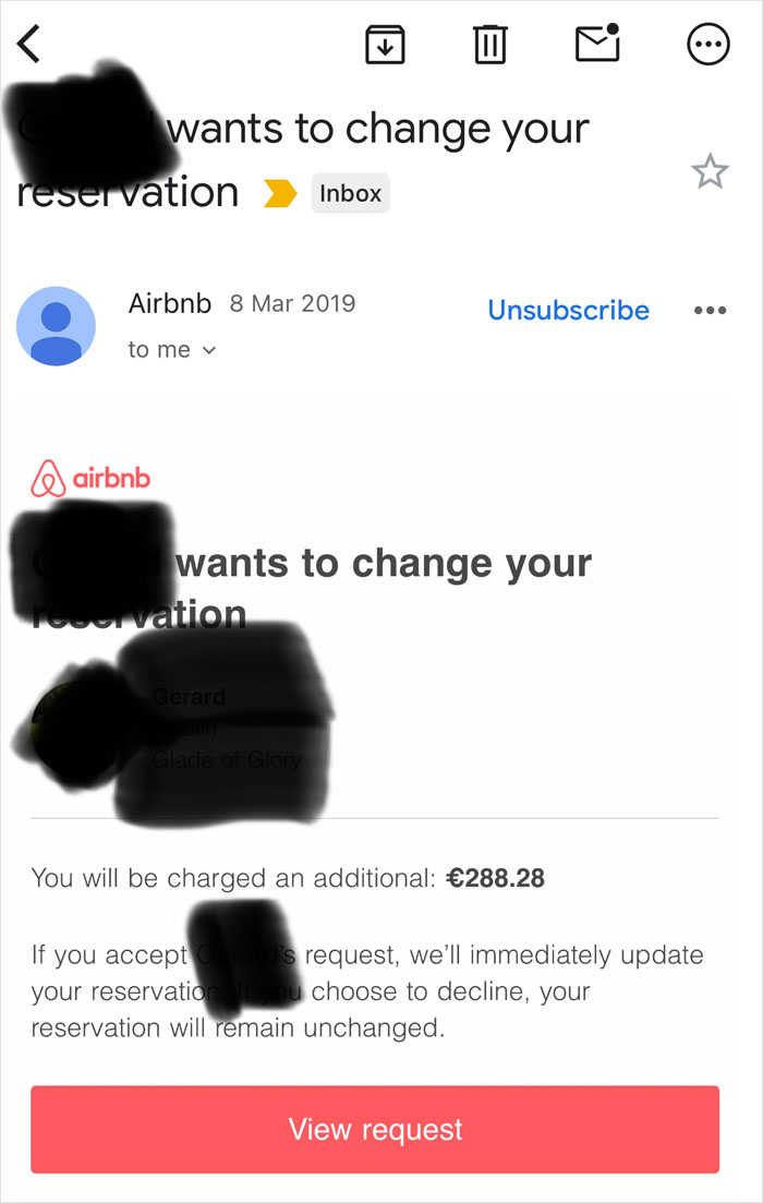 Email screenshot showing an Airbnb host’s last-minute reservation change request with a price increase of €288.28. Email screenshot showing an Airbnb host’s last-minute reservation change request with a price increase of €288.28.