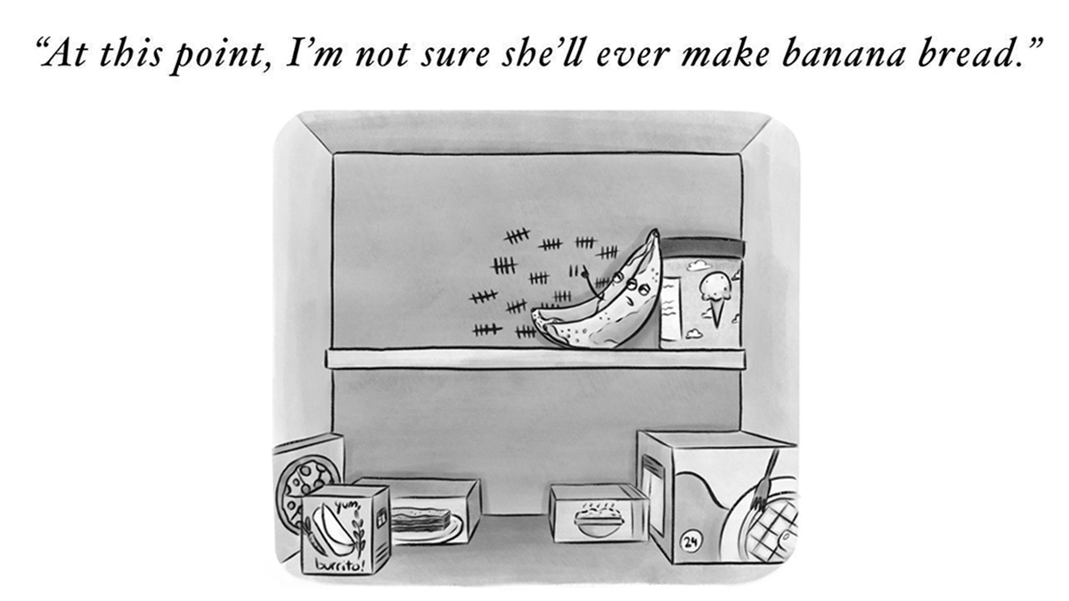 Black and white wholesome comic by Gabrielle Drolet showing a banana marking days in a fridge with a witty twist on daily moments.