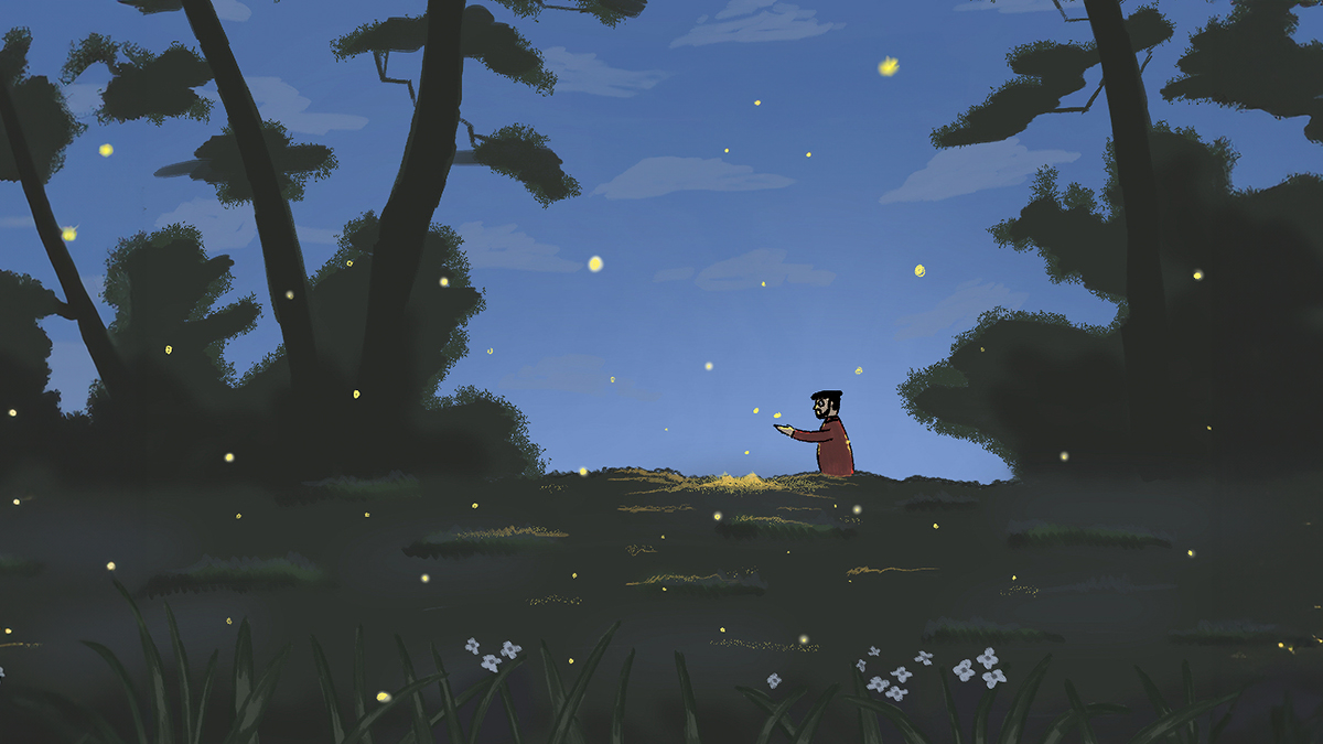 Digital animal comic scene with a character sitting in a forest clearing surrounded by glowing fireflies at night.