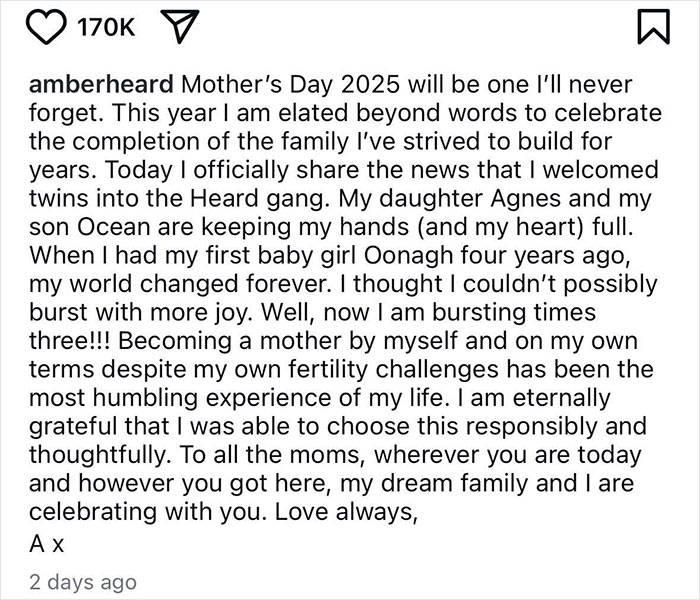 Amber Heard announces birth of twins amid ongoing public speculation about Elon Musk paternity and embryos dispute. Amber Heard announces birth of twins amid ongoing public speculation about Elon Musk paternity and embryos dispute.