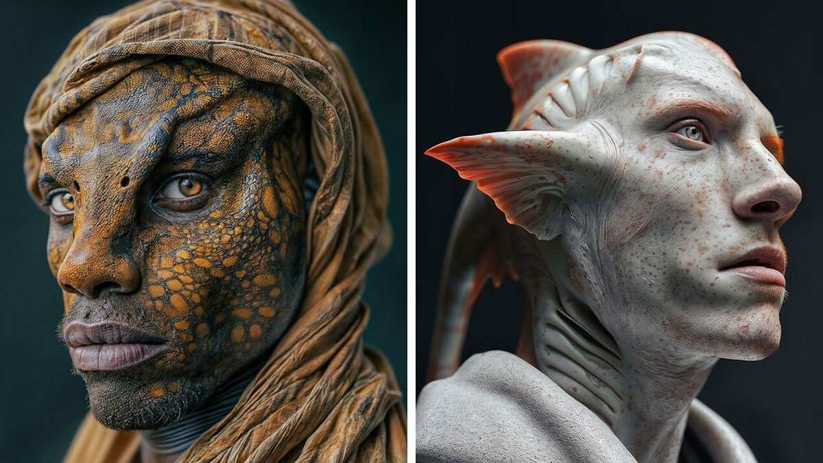 Surreal portraits blending human and animal features with detailed textures and imaginative artistic design.